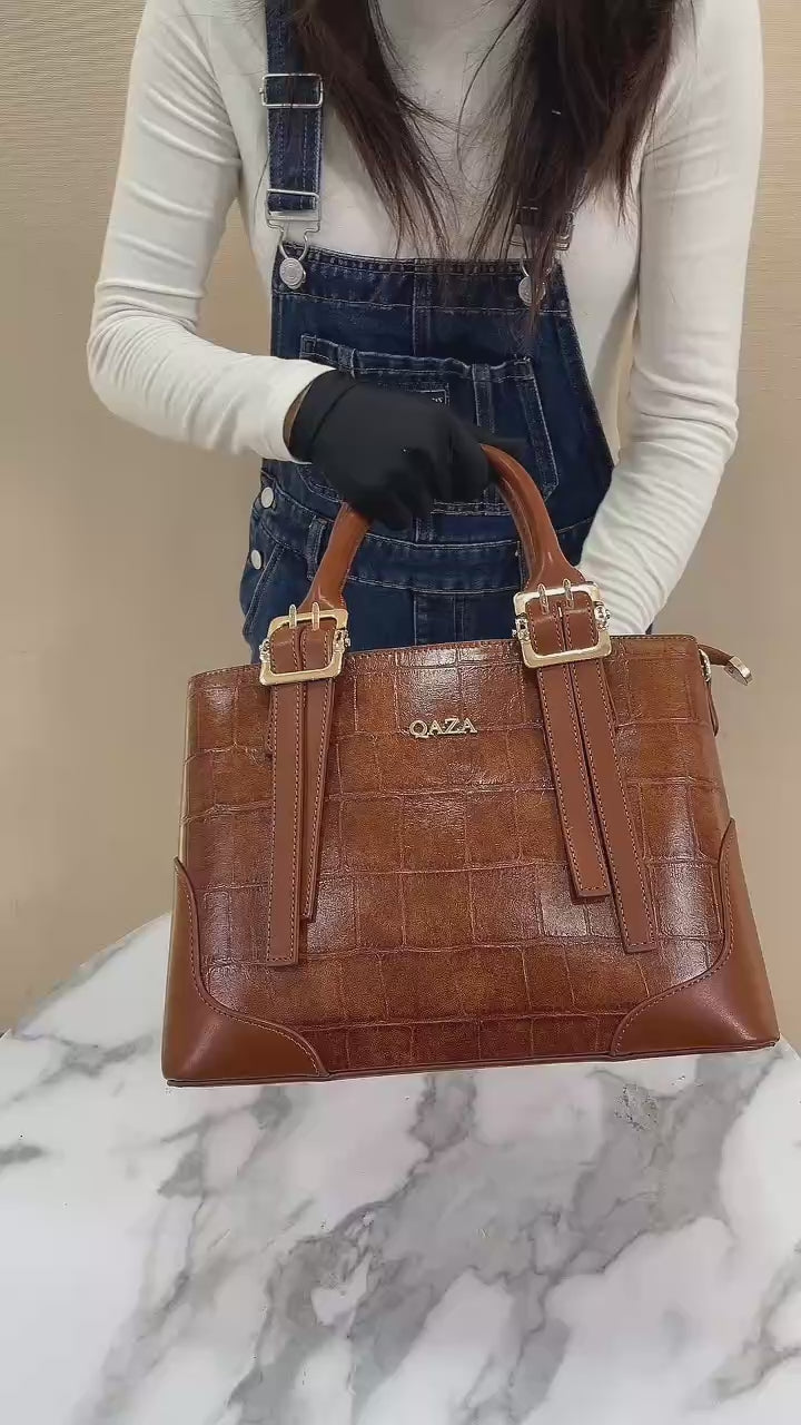 QAZA ZD2618-1 Women PU Crocodile Grain Leather Shoulder Bag Set With Long Wallet Vintage Gold Hardware Work Tote