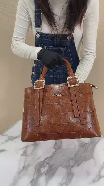 QAZA ZD2618-1 Women PU Crocodile Grain Leather Shoulder Bag Set With Long Wallet Vintage Gold Hardware Work Tote
