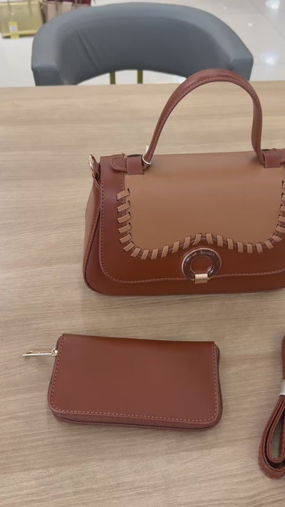 Women PU Leather Wave Whipstitch Flap Two-Tone Ring Lock Top Handle Crossbody Handbag Set