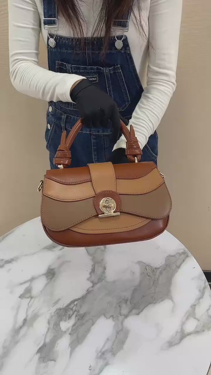 QAZA ZD9100 Women PU Leather Color Block Structured Tote Satchel Bag