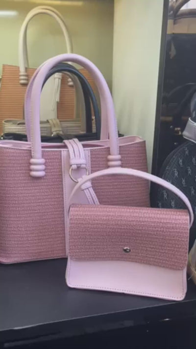 QAZA ED1503-1 Women PU Leather Knitted Style Tote Handbag Set