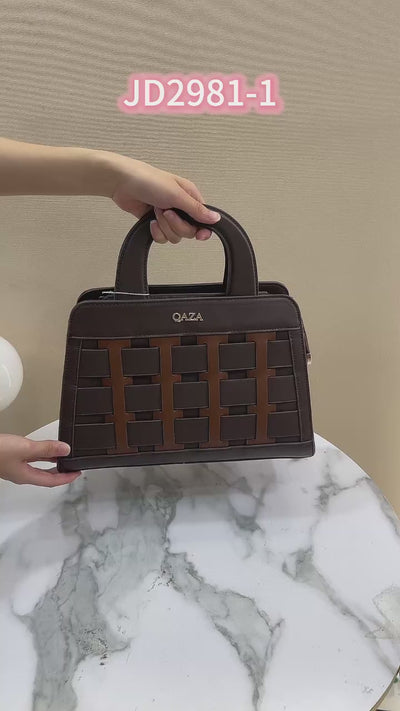 QAZA Women PU Leather Woven Grid 2-in-1 Top Handle Shoulder Crossbody Purse Set