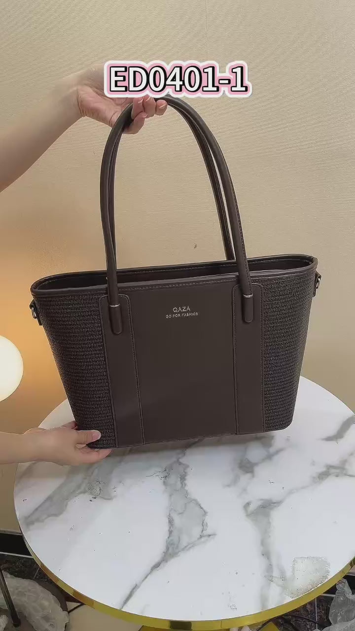 QAZA Women PU Leather Woven Texture 2-in-1 Tote Shoulder Handbag Set